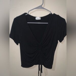 Black Ruched V-Neck Top | Size M
